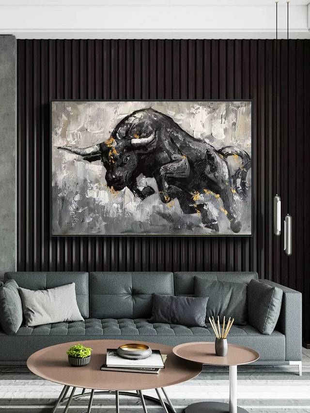 Bull Original Black Painting Modern Abstract Canvas Wall Art MJSC4